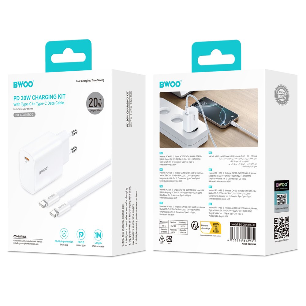 BWOO tīkla lādētājs CDA159 PD 20W 1x USB-C port + USB-C, balts