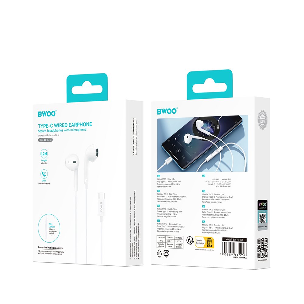 BWOO vadu austiņas HF175 USB-C digitāla saskarne, baltas