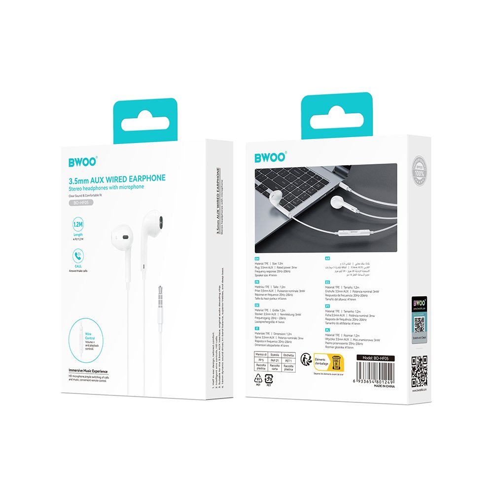 BWOO vadu austiņas 3.5mm stereo, baltas