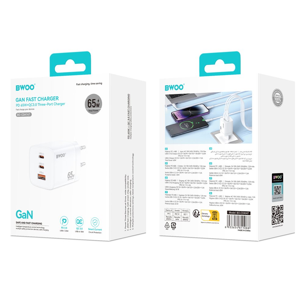 BWOO tīkla lādētājs CDA147PD 65W 2x USB-C port + USB-A, balts