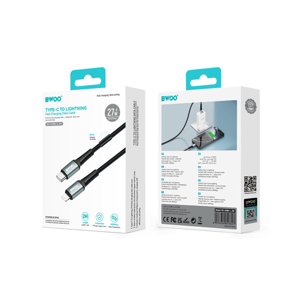 BWOO pīts kabelis USB-C - Lightning 2m 30W melns