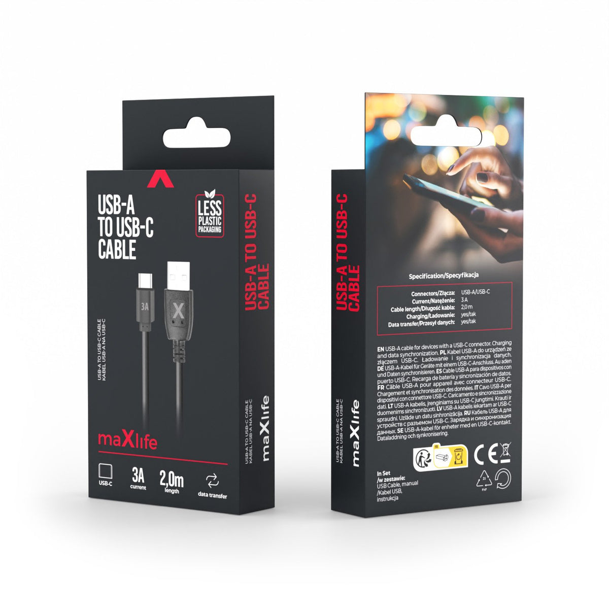 Maxlife USB–USB-C kabelis, 2,0 m, 3 A, melns