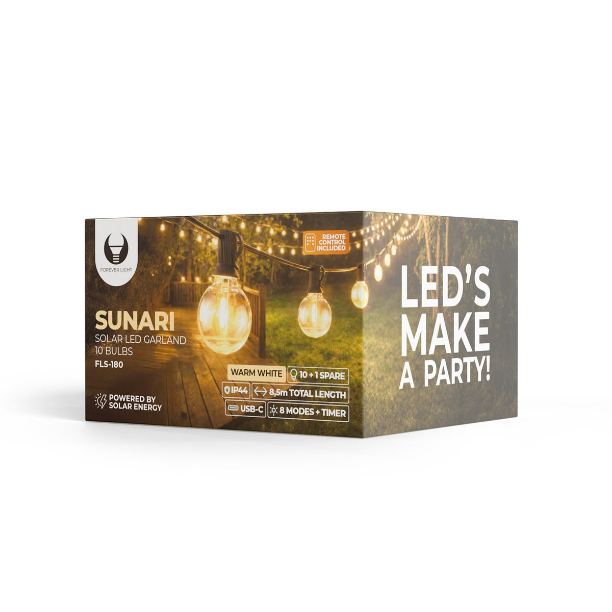 Forever Light ar saules uzlādi LED String Lights SUNARI FLS-180 8.5m 10+1 caurspīdīgs spuldzes 1800mAh + RC