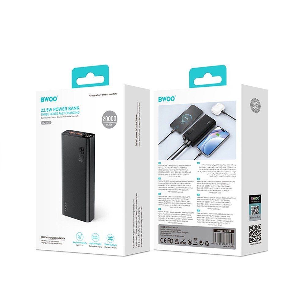 BWOO 22,5W 20000 mAh ārējā baterija ar LCD ekrānu, melna
