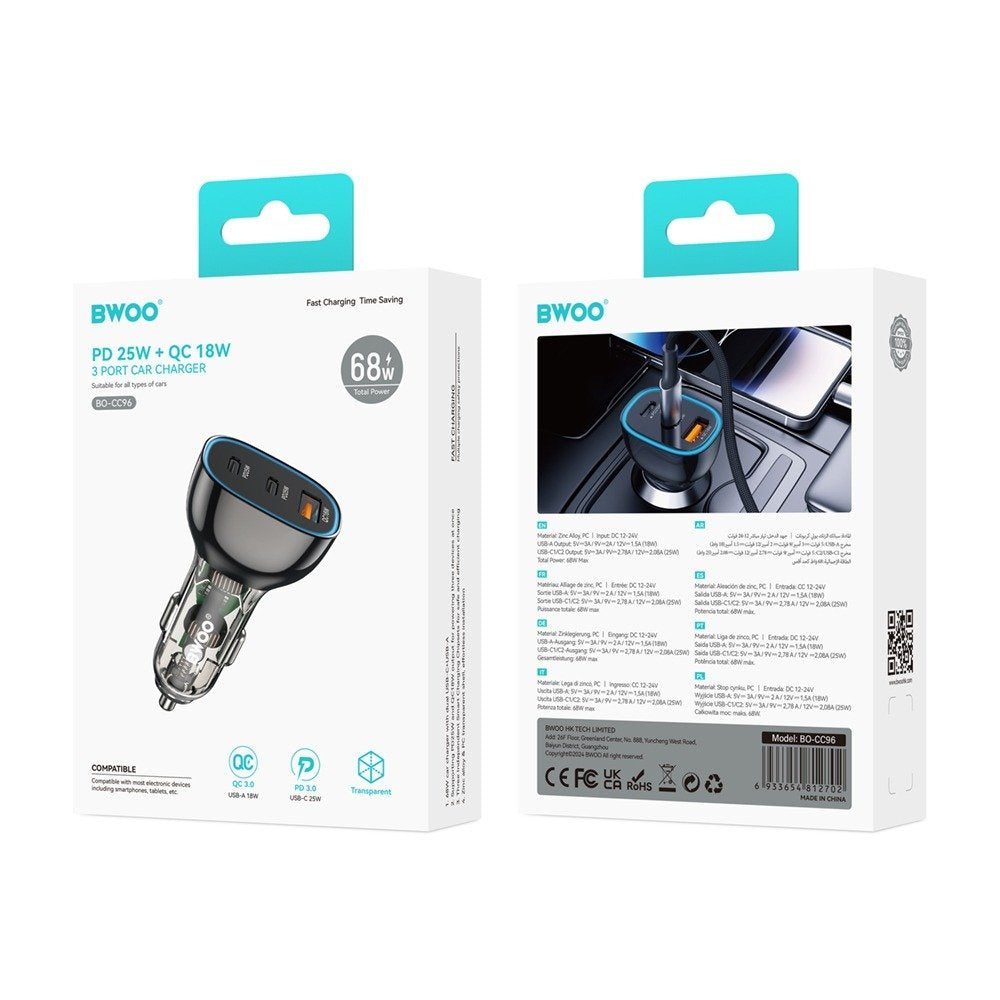 BWOO auto lādētājs PD 2x USB-C port + USB-A 68W, melns