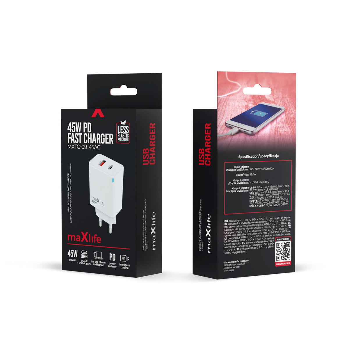 Maxlife MXTC-09-45AC GaN PD QC lādētājs 1x USB-C 1x USB 45W balts