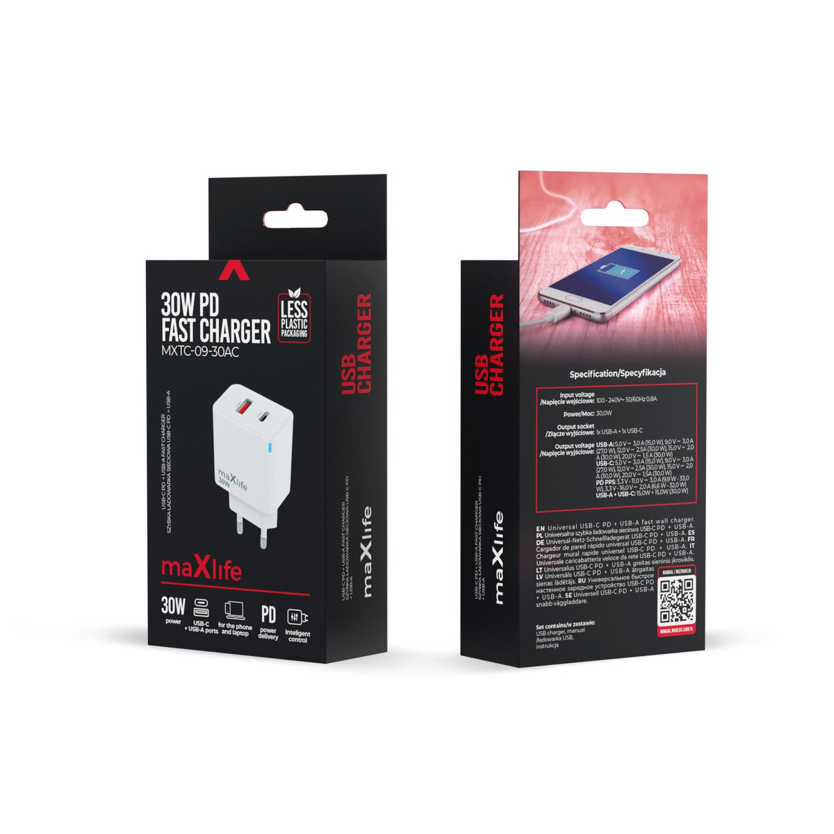Maxlife MXTC-09-30AC GaN PD QC lādētājs 1x USB-C 1x USB 30W balts