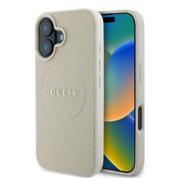 Guess GUHMP16SPGHSMME iPhone 16 smilškrāsas/bēša cietā apvalka ar teksturētu gredzenu un MagSafe