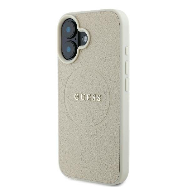 Guess GUHMP16SPGHSMME iPhone 16 smilškrāsas/bēša cietā apvalka ar teksturētu gredzenu un MagSafe