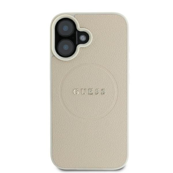Guess GUHMP16SPGHSMME iPhone 16 smilškrāsas/bēša cietā apvalka ar teksturētu gredzenu un MagSafe