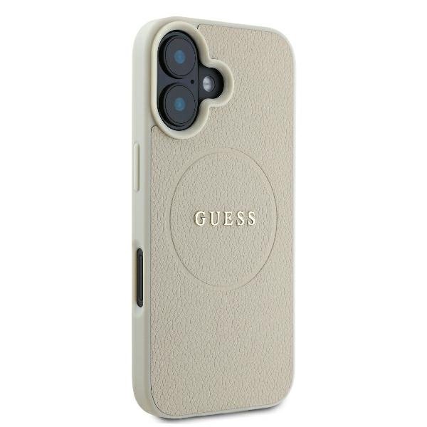 Guess GUHMP16SPGHSMME iPhone 16 smilškrāsas/bēša cietā apvalka ar teksturētu gredzenu un MagSafe