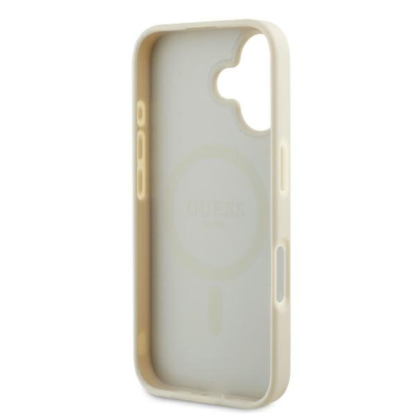 Guess GUHMP16SPGHSMME iPhone 16 smilškrāsas/bēša cietā apvalka ar teksturētu gredzenu un MagSafe