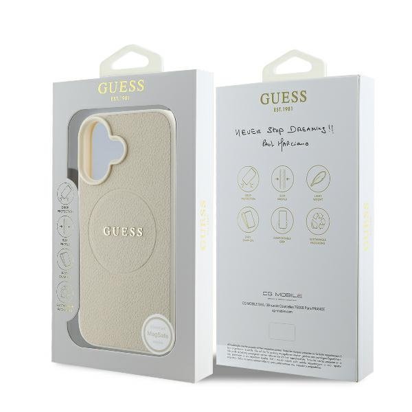 Guess GUHMP16SPGHSMME iPhone 16 smilškrāsas/bēša cietā apvalka ar teksturētu gredzenu un MagSafe