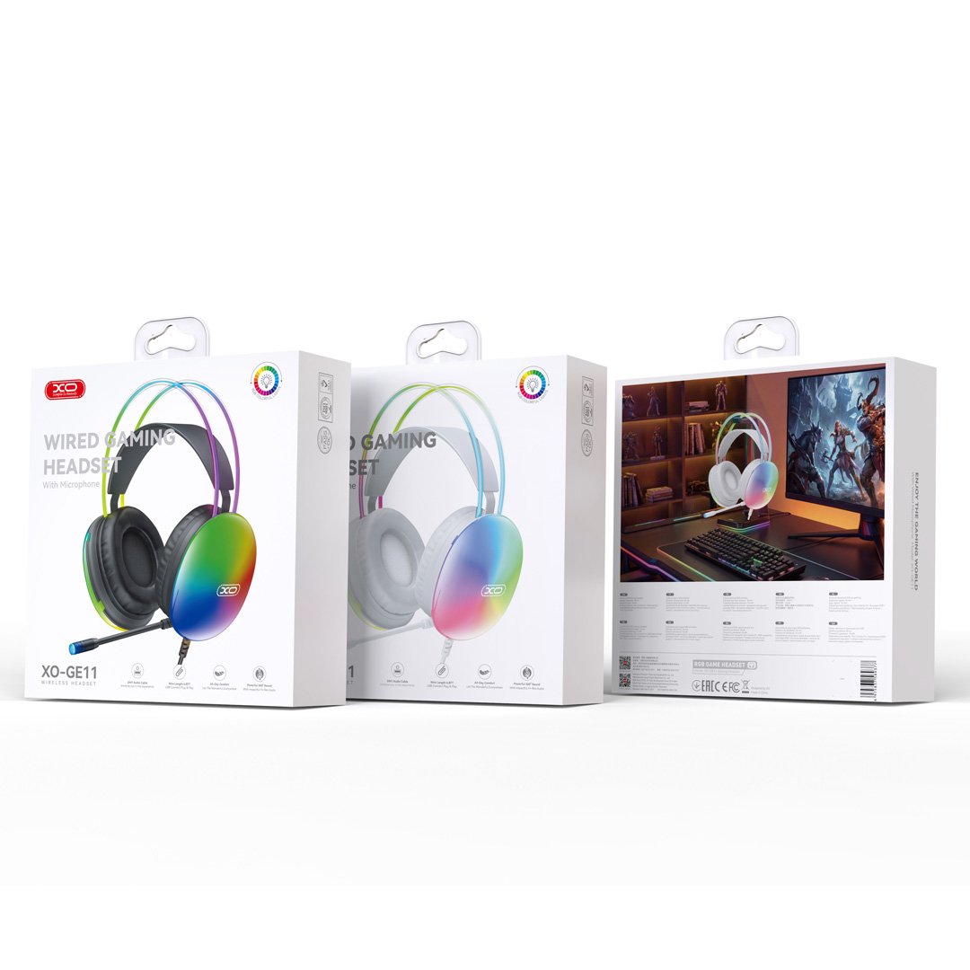XO vadu austiņas GE11 ar 3,5 mm spraudni – USB-A, melnas, ar RGB apgaismojumu un mikrofonu