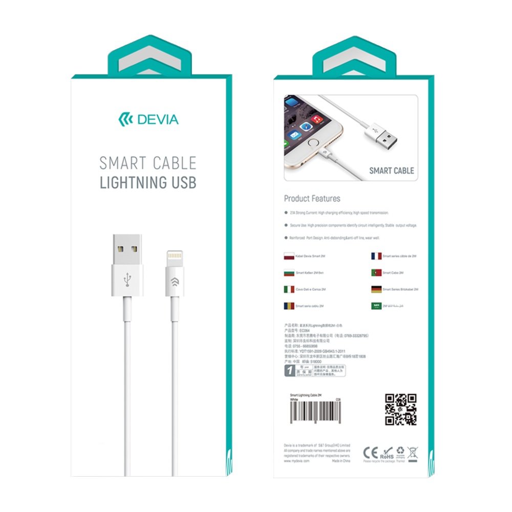 Devia kabelis Smart EC080 USB - Lightning 1,0 m 2,1A, balts