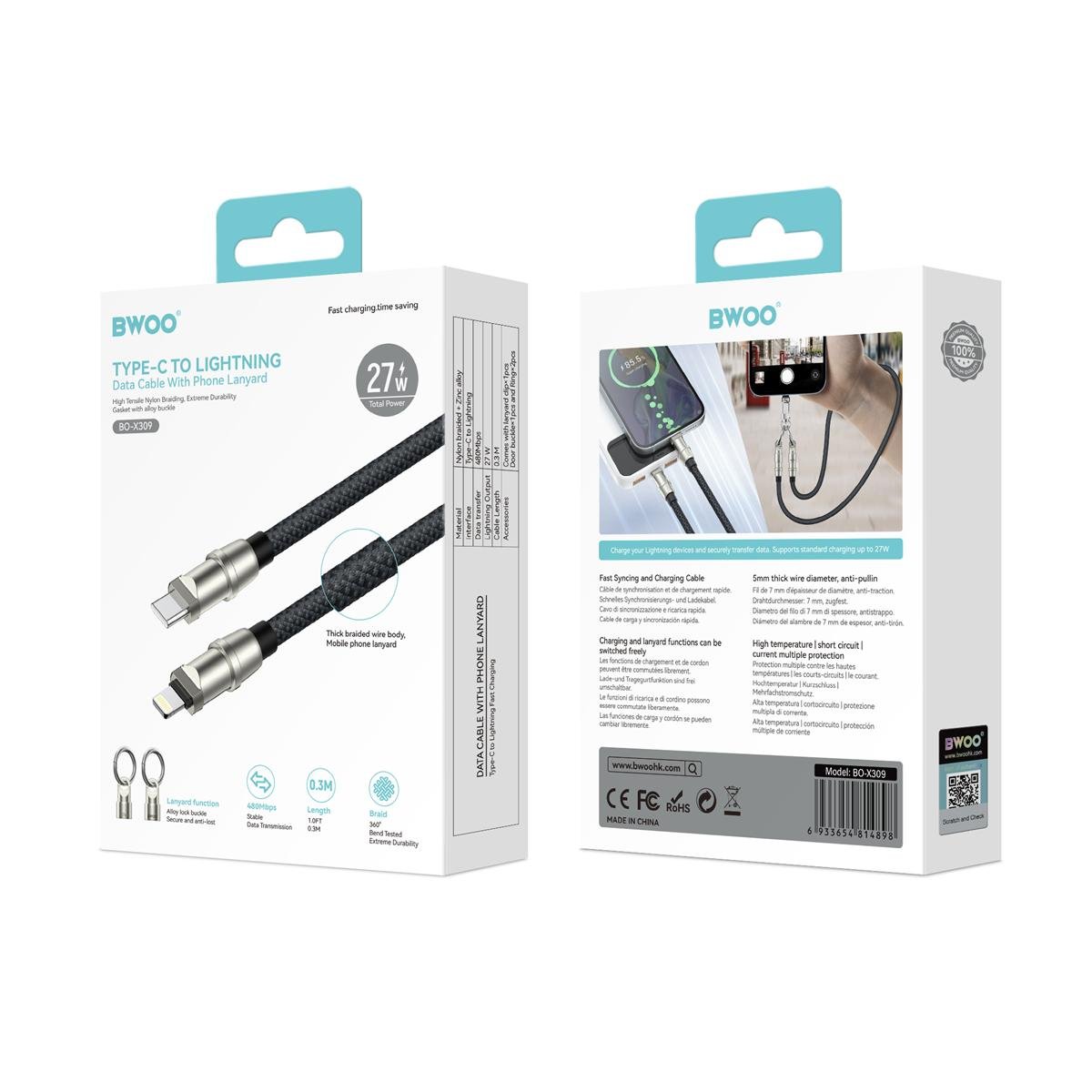BWOO kabelis USB-C - Lightning 0.3m 27W ar siksniņa