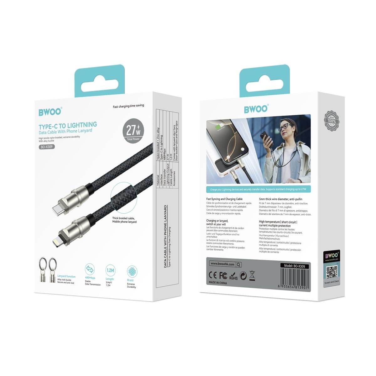 BWOO kabelis USB-C - Lightning 1.2m 27W ar siksniņa