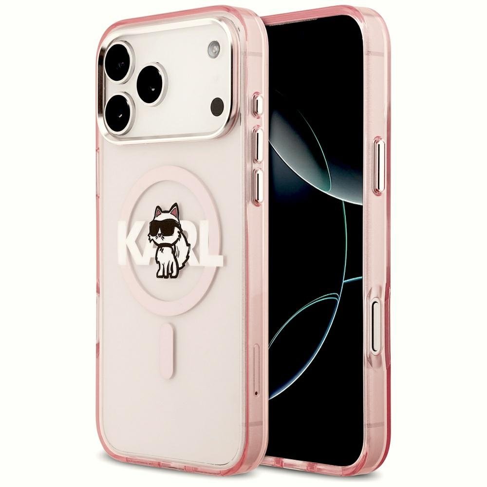 Karl Lagerfeld iPhone 17 Pro Max 6,9" apvalks ar IML tehnoloģiju, Choupette skice un logotips, MagSafe, rozā krāsā