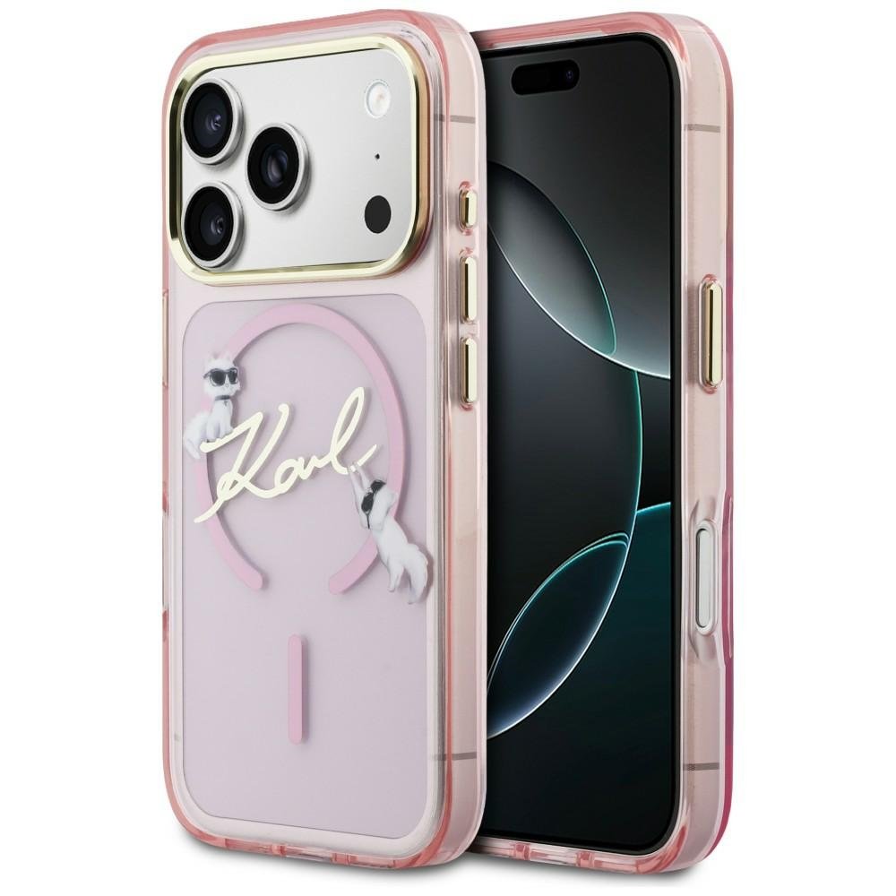 Karl Lagerfeld iPhone 17 Pro Max 6,9" apvalks ar IML apdruku Choupettes un Karl Script logotipu, MagSafe, rozā krāsā