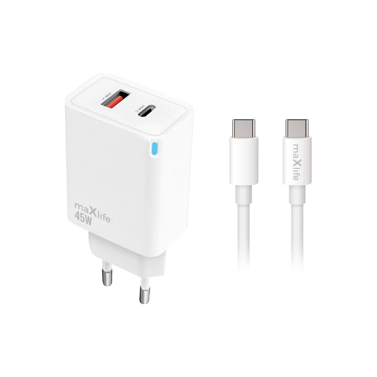 Maxlife MXTC-09-45AC PD QC lādētājs – 1x USB-C, 1x USB, 45 W, balts + USB-C – USB-C kabelis, 2,0 m, 60 W