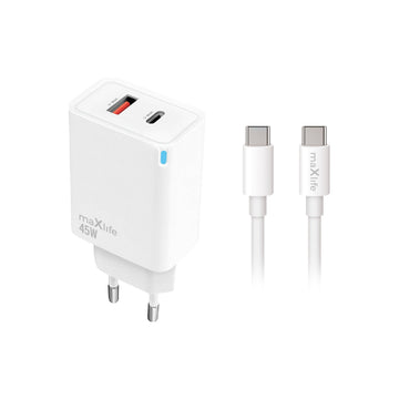 Maxlife MXTC-09-45AC PD QC lādētājs – 1x USB-C, 1x USB, 45 W, balts + USB-C – USB-C kabelis, 2,0 m, 60 W