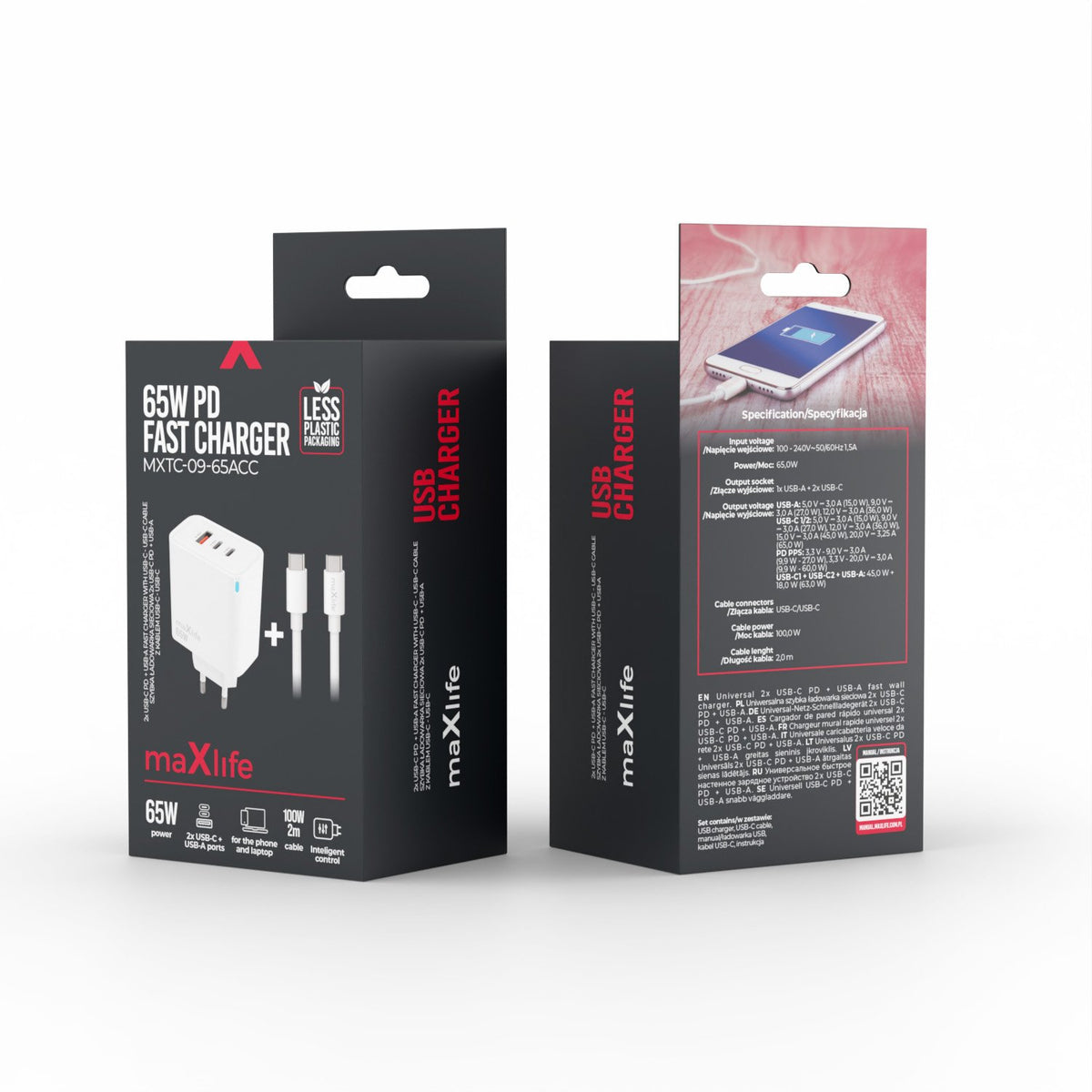 Maxlife MXTC-09-65ACC GaN PD QC lādētājs ar 2 USB-C un 1 USB pieslēgvietu, 65 W, balts + USB-C, USB-C kabelis, 2,0 m, 100 W