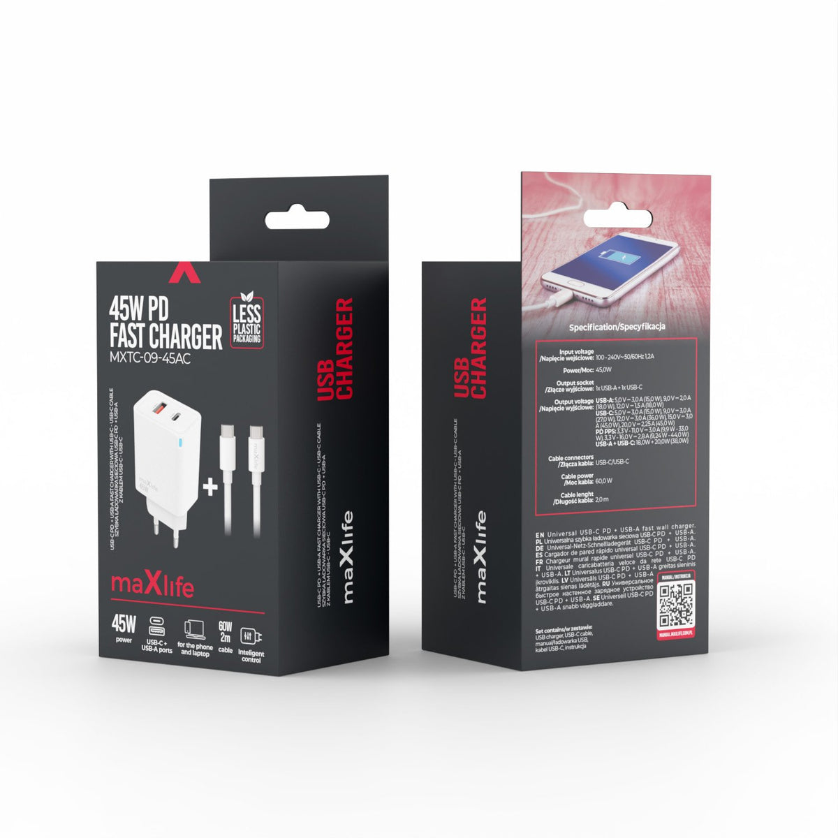 Maxlife MXTC-09-45AC GaN PD QC lādētājs 1x USB-C, 1x USB, 45 W, balts + USB-C, USB-C kabelis, 2,0 m, 60 W