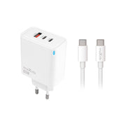Maxlife MXTC-09-65ACC PD QC lādētājs ar 2 USB-C un 1 USB pieslēgvietu, 65 W, balts + USB-C – USB-C kabelis, 2,0 m, 100 W