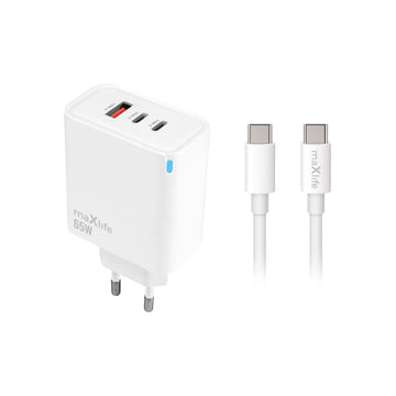 Maxlife MXTC-09-65ACC PD QC lādētājs ar 2 USB-C un 1 USB pieslēgvietu, 65 W, balts + USB-C – USB-C kabelis, 2,0 m, 100 W
