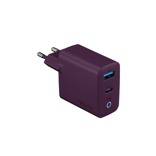 Forever Vibe-TC45AC GaN PD QC lādētājs, 1x USB-C, 1x USB, 45 W, tumši ķiršu krāsā