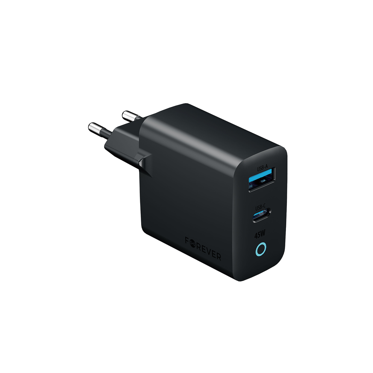 Forever Vibe-TC45AC GaN PD QC lādētājs, 1x USB-C, 1x USB, 45 W, tumši pelēks