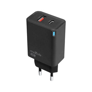 Maxlife MXTC-09-45AC GaN PD QC lādētājs, 1x USB-C, 1x USB, 45 W, melns