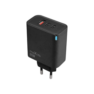 Maxlife MXTC-09-65ACC GaN PD QC lādētājs, 2x USB-C, 1x USB, 65 W, melns