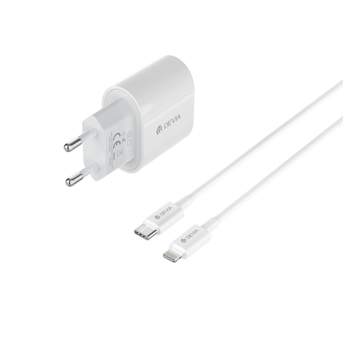 Devia sienas lādētājs Pro6 QC ar 1xUSB-C 20 W + USB-C–Lightning kabeli, balts