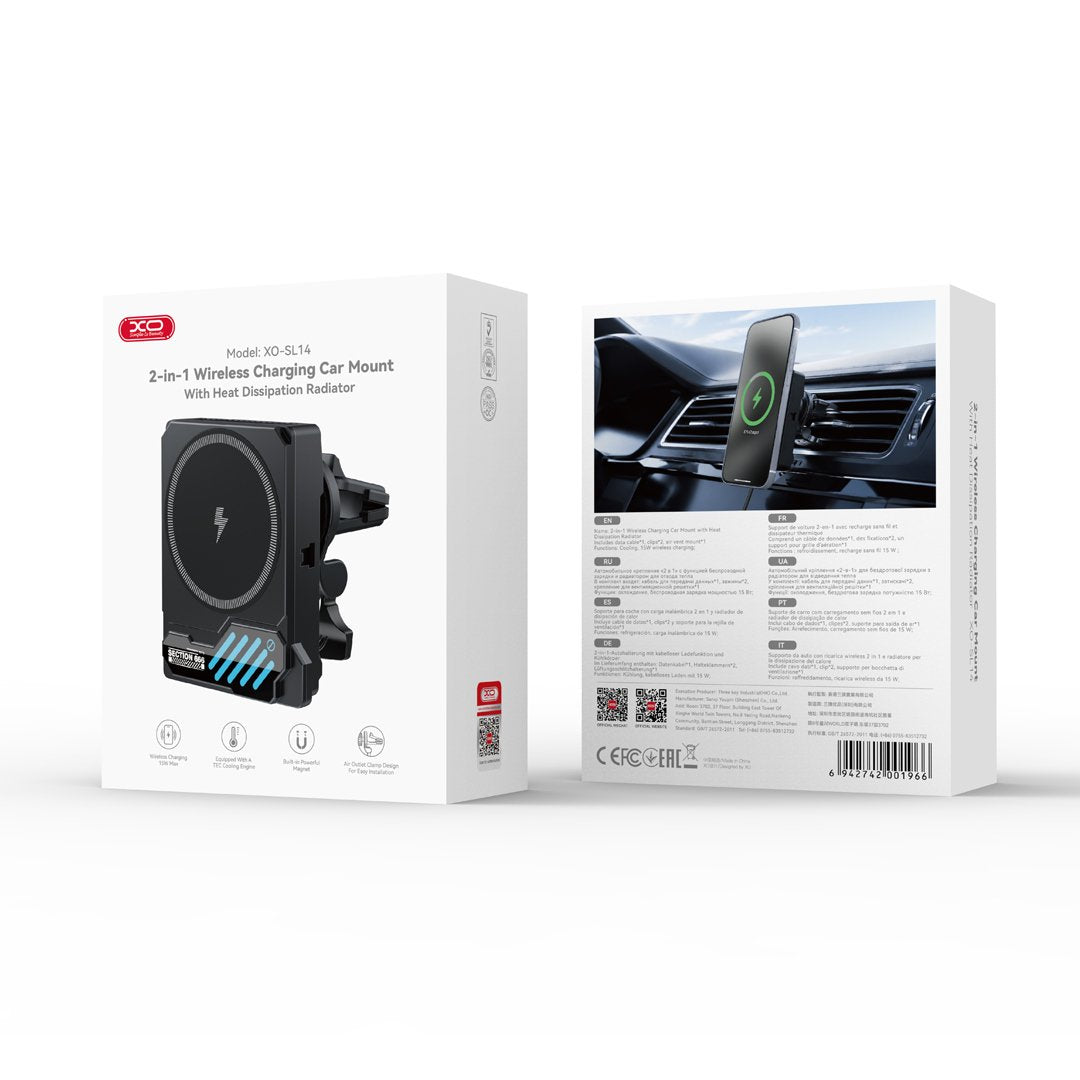 XO car holder SL14 with wireless inductive charger 15W black air vent with LED and cooling