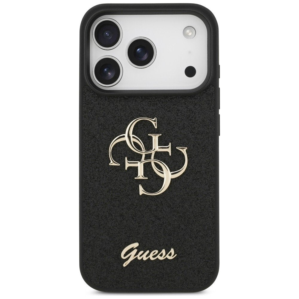 „Guess“ fiksētais „Glitter Big 4G“ apvalks iPhone 18 Pro / iPhone 17 Pro, melns