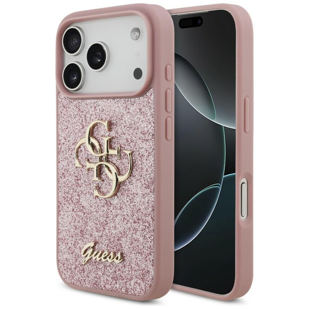 Guess fiksētais Glitter Big 4G vāciņš iPhone 18 Pro / iPhone 17 Pro, rozā krāsā