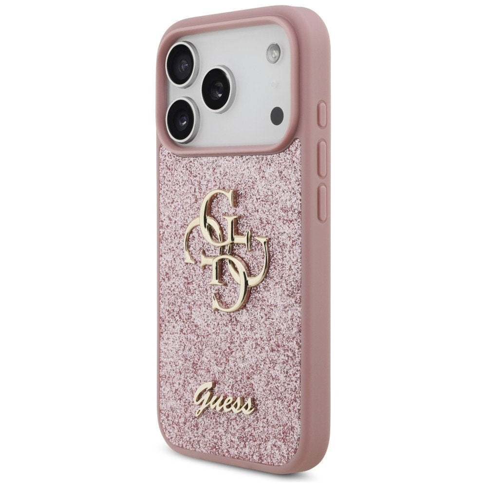 Guess fiksētais Glitter Big 4G vāciņš iPhone 18 Pro / iPhone 17 Pro, rozā krāsā