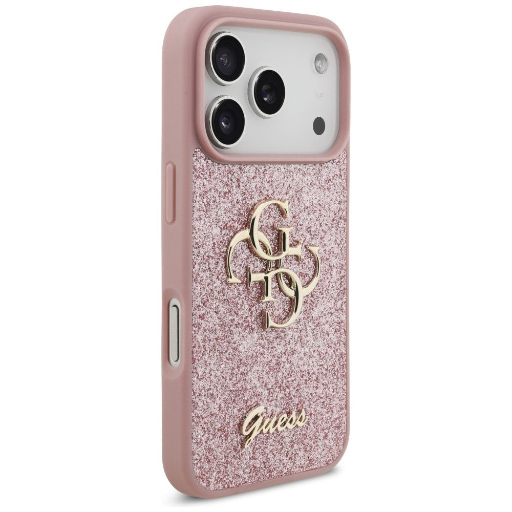 Guess fiksētais Glitter Big 4G vāciņš iPhone 18 Pro / iPhone 17 Pro, rozā krāsā
