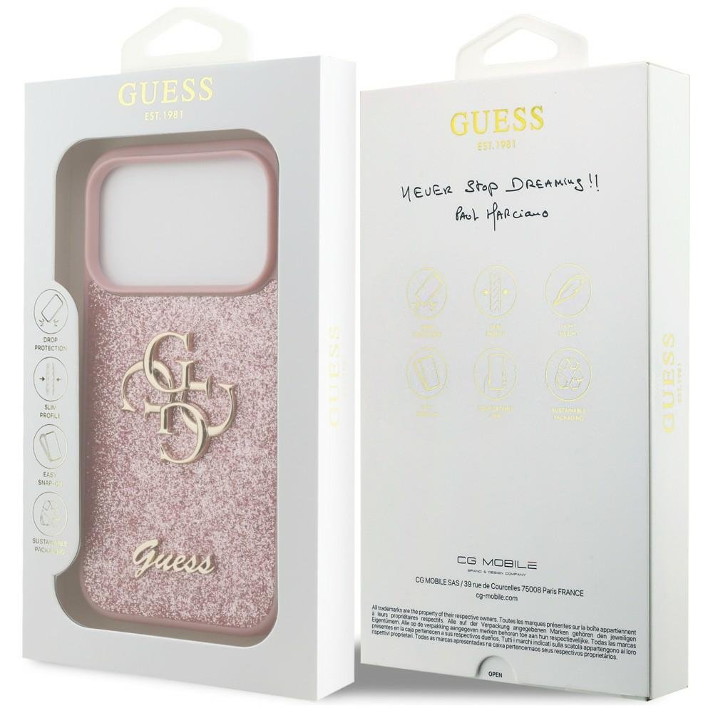 Guess fiksētais Glitter Big 4G vāciņš iPhone 18 Pro / iPhone 17 Pro, rozā krāsā