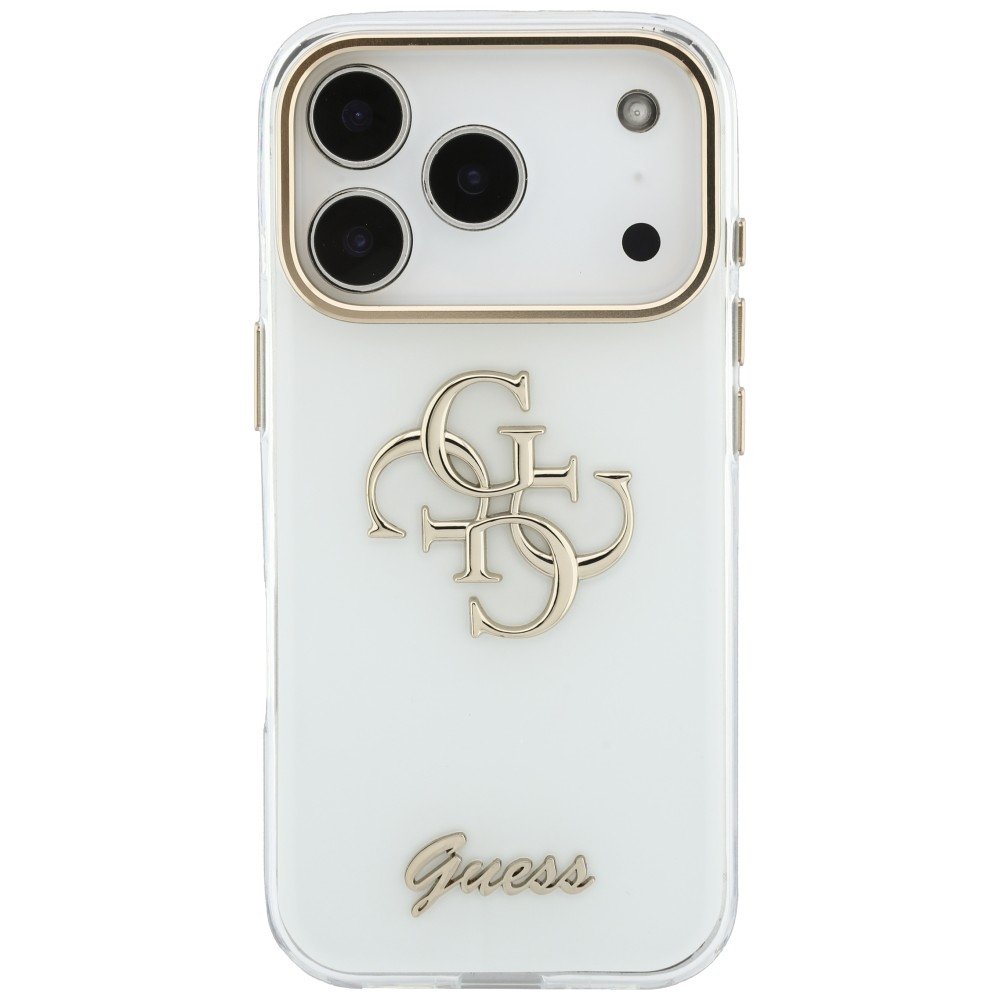 „Guess“ IML 4G Script metāla apvalks iPhone 18 Pro / 17 Pro Max, balts