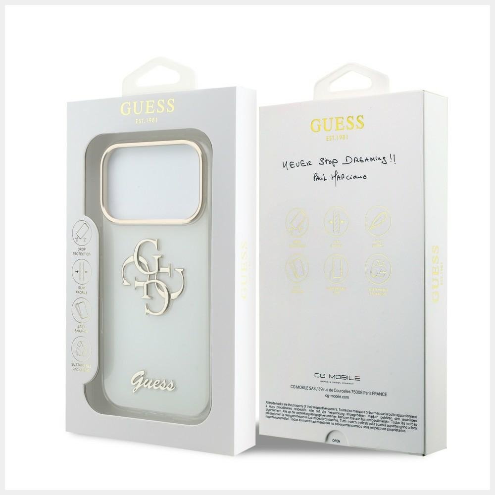 „Guess“ IML 4G Script metāla apvalks iPhone 18 Pro / 17 Pro Max, balts