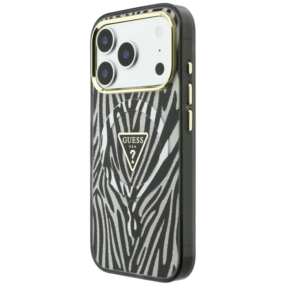 „Guess“ IML „Zebra Glitter Triangle Logo“ MagSafe apvalks iPhone 18 Pro Max / 17 Pro Max, sudraba krāsā