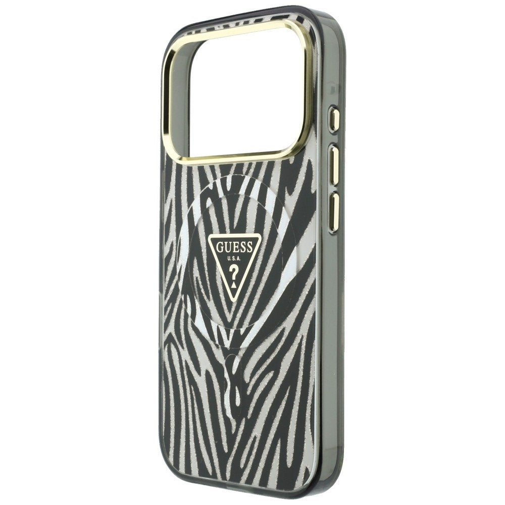 „Guess“ IML „Zebra Glitter Triangle Logo“ MagSafe apvalks iPhone 18 Pro Max / 17 Pro Max, sudraba krāsā