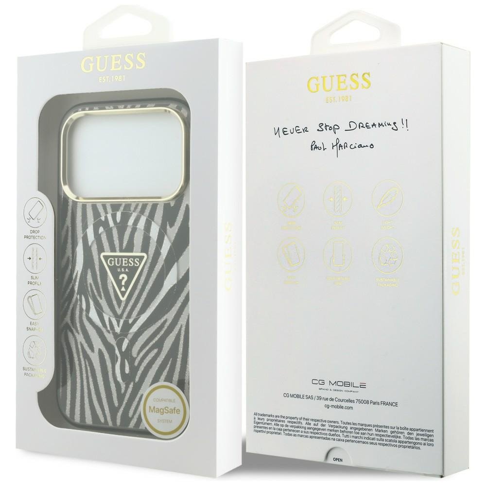 „Guess“ IML „Zebra Glitter Triangle Logo“ MagSafe apvalks iPhone 18 Pro Max / 17 Pro Max, sudraba krāsā