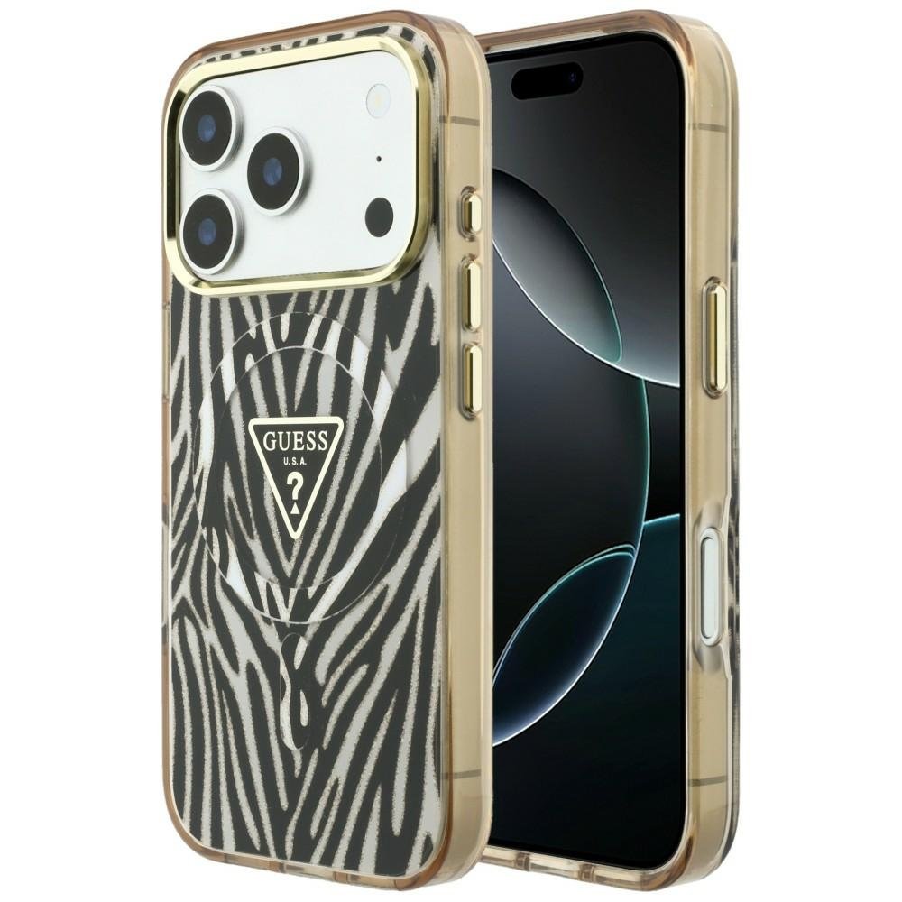 „Guess“ IML „Zebra Glitter Triangle Logo“ MagSafe apvalks iPhone 18 Pro / 17 Pro, zelta krāsā