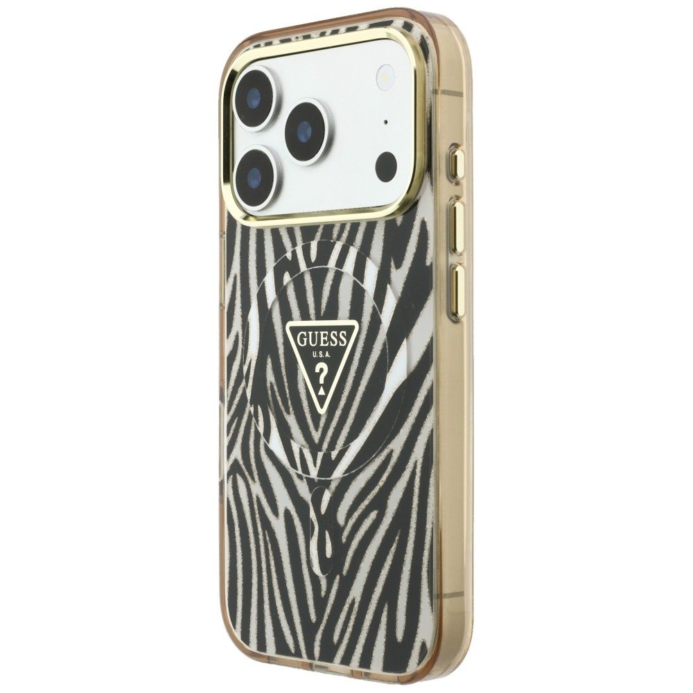 „Guess“ IML „Zebra Glitter Triangle Logo“ MagSafe apvalks iPhone 18 Pro / 17 Pro, zelta krāsā