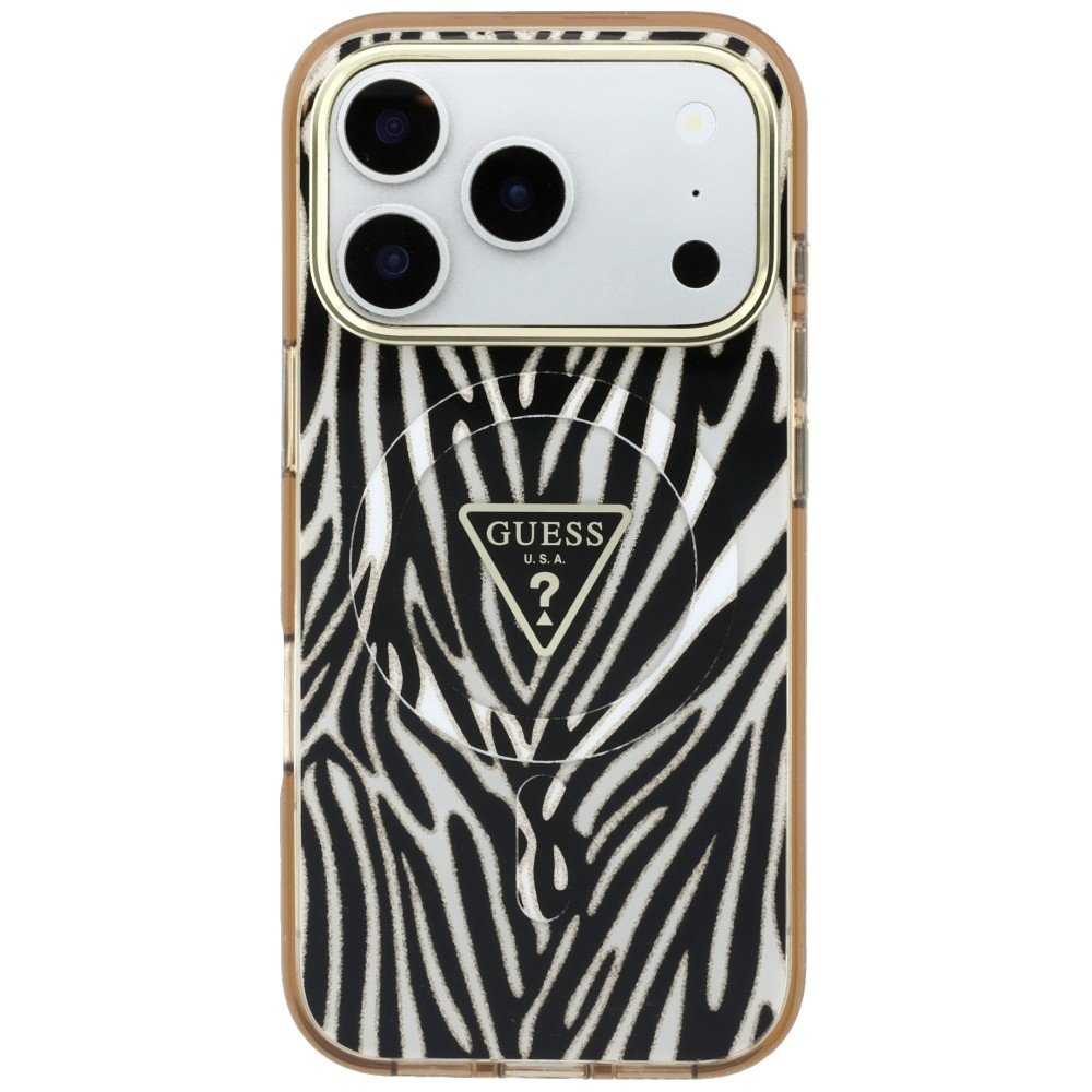 „Guess“ IML „Zebra Glitter Triangle Logo“ MagSafe apvalks iPhone 18 Pro / 17 Pro, zelta krāsā