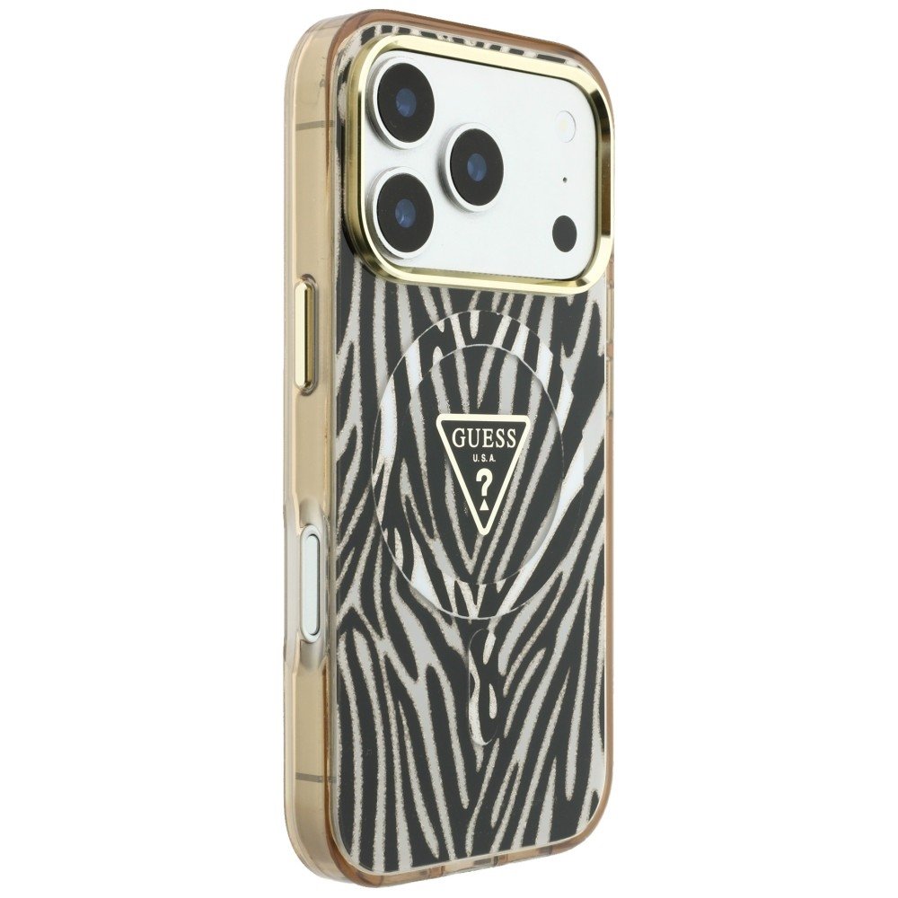 „Guess“ IML „Zebra Glitter Triangle Logo“ MagSafe apvalks iPhone 18 Pro / 17 Pro, zelta krāsā