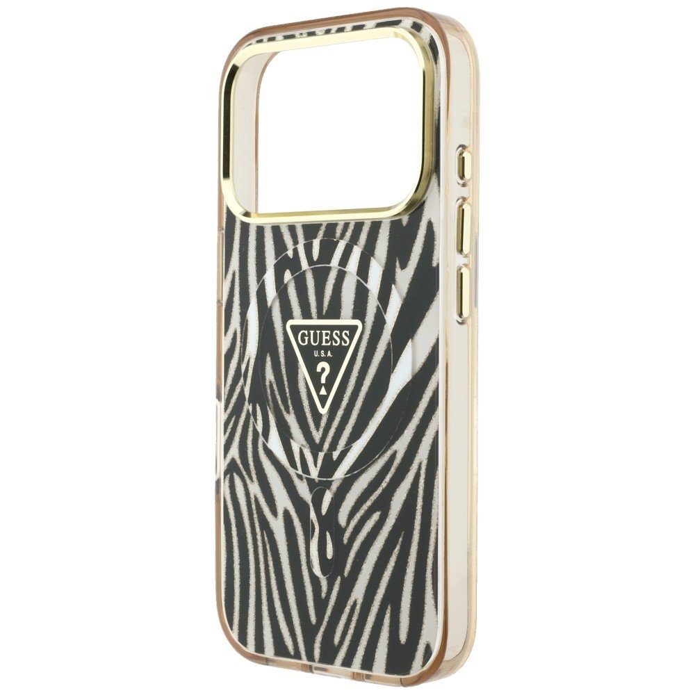 „Guess“ IML „Zebra Glitter Triangle Logo“ MagSafe apvalks iPhone 18 Pro / 17 Pro, zelta krāsā